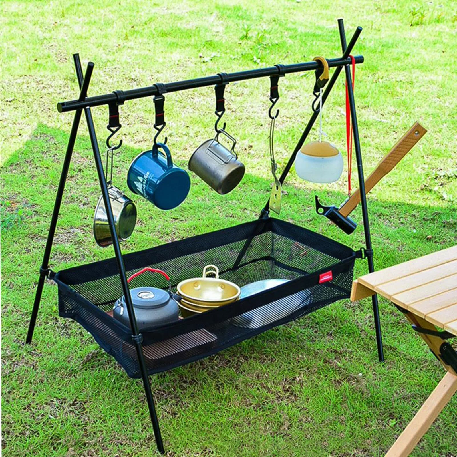Storage bag under picnic table, desk box, network organizer basket for tripods, for camping table, tripod support, network basket for tripods