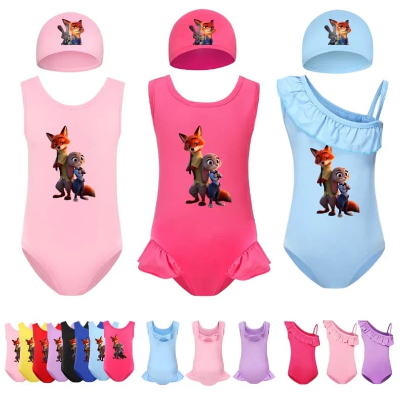 Children's bikini set Zootopia Nick and Judy Children's swimsuit Polyester Full swimsuit and swim hat