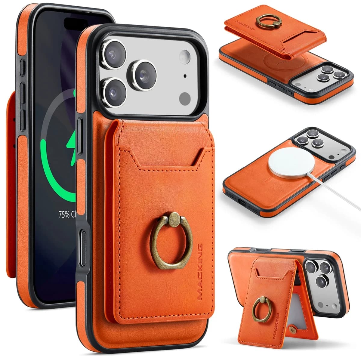 Ring Stand Leather for Magsafe Phone Case for IPhone 17 Pro Max 17E 16E 16 Plus 15 14 13 12 Pro Wallet Card Slots Holder Cover