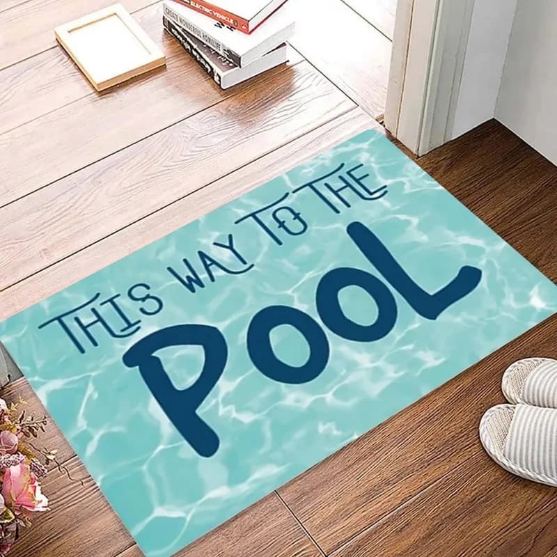 Tappetino per porta a tema piscina con testo "This Way To The Pool", tappeto per l'ingresso delle vacanze estive, morbido, antiscivolo, per interni ed esterni, decorazione per interni ed esterni
