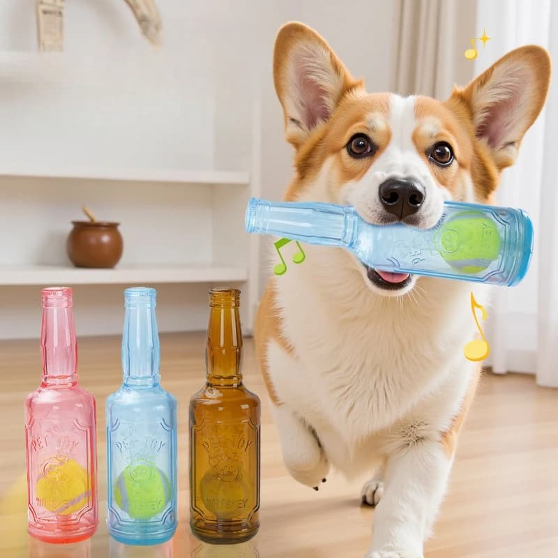 Giocattolo da masticare per animali domestici in TPR, resistente ai morsi, a forma di bottiglia di birra con palla da tennis, per la pulizia dei denti dei cuccioli, giocattolo interattivo cigolante per cani