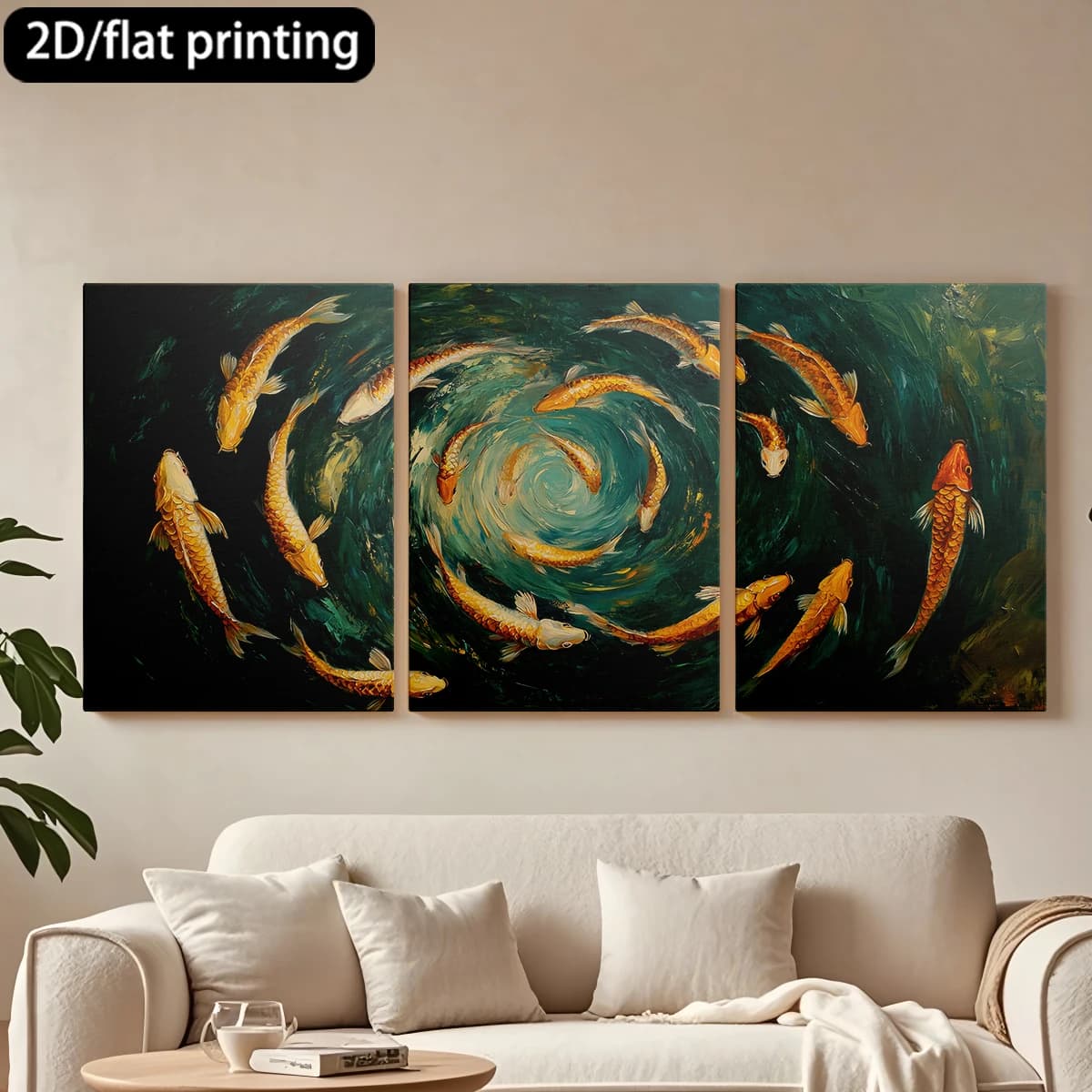 Set of 3 Decorative Squares on Canvas with Wooden Frame, Koi Fish in Spiral Formation, Corridor Decoration and Bedroom