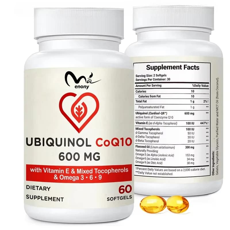 Capsule di CoQ10-600mg, integratore attivo di coenzima Q10 panthenolo, contenente vitamina E e antiossidanti Omega 3,6,9
