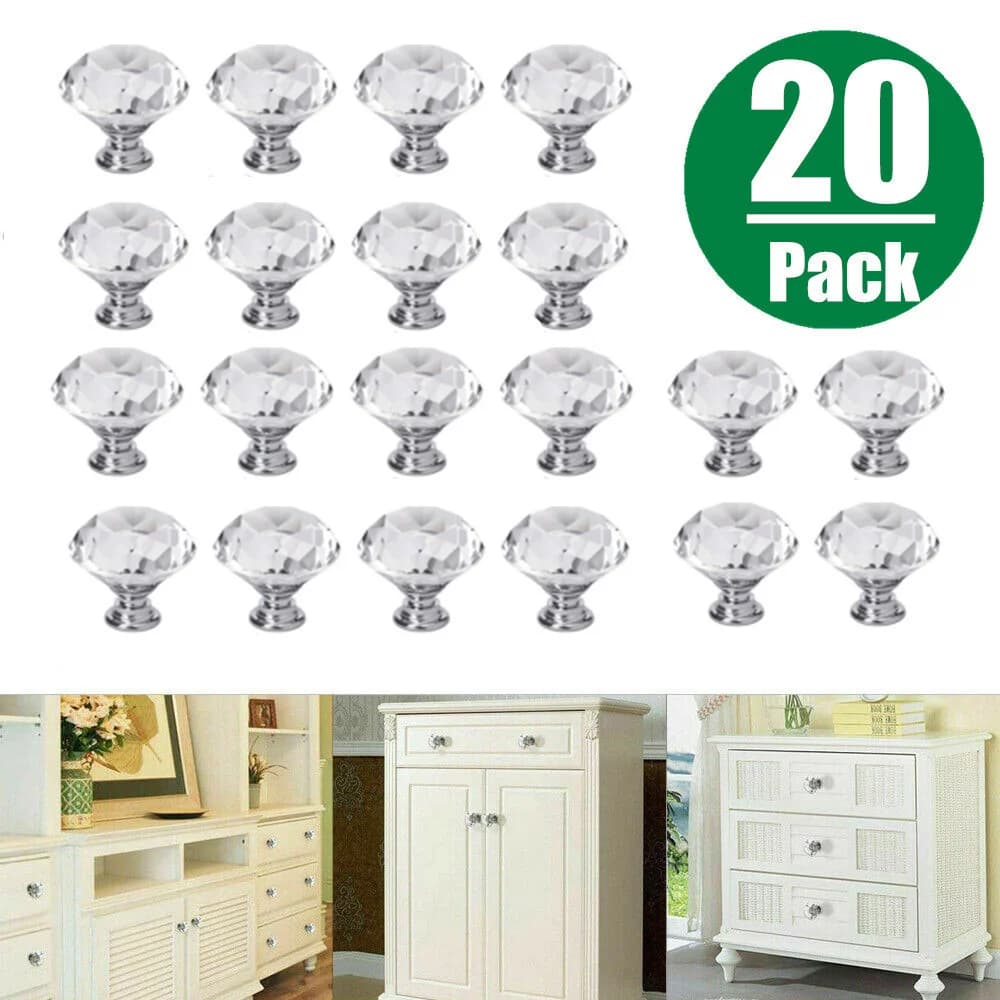 20Pcs/set 30mm Diamond Shape Design Crystal Glass Knobs Cupboard Drawer Pull Kitchen Cabinet Door Wardrobe Handles Hardware