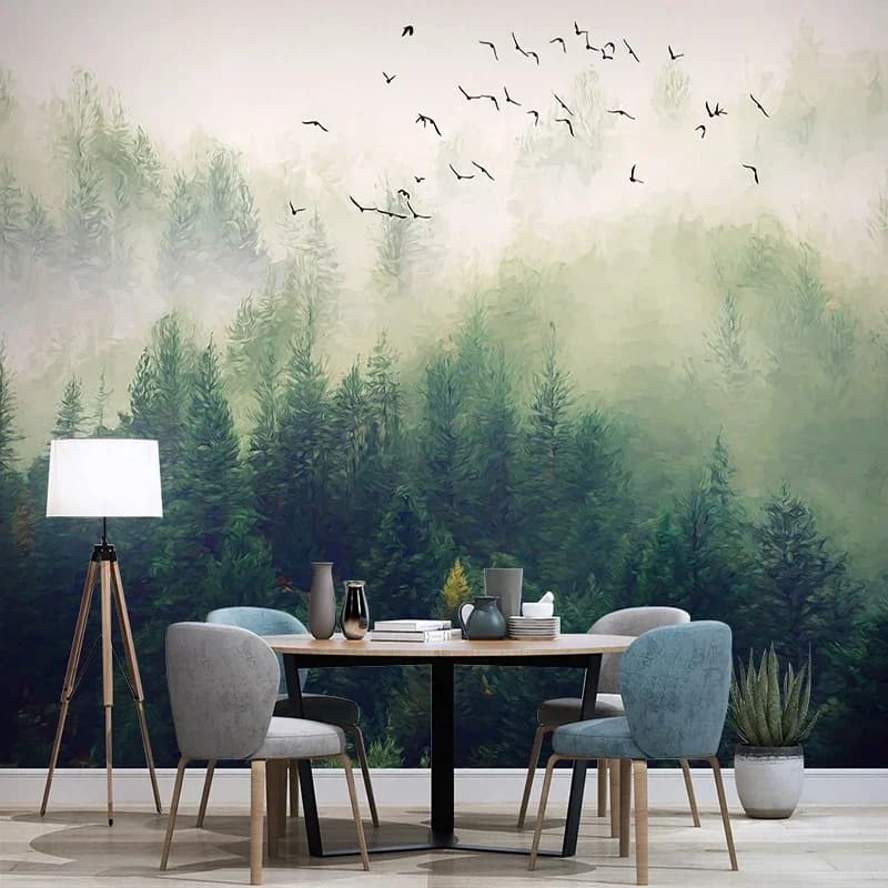 Carta da parati murale 3D personalizzata in stile cinese dipinta a mano nuvole foresta di pino uccelli volanti pittura murale soggiorno Roon TV divano carta da parati