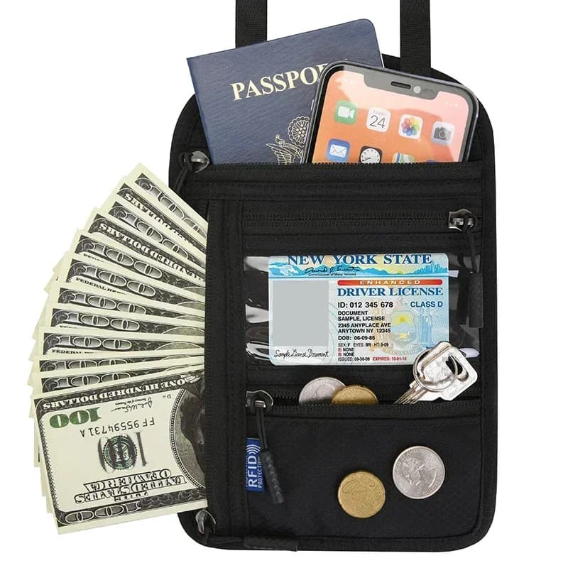 Portafogli per Passaporto con Protezione RFID, Porta Passaporto Impermeabile in Nylon con Cerniera, Porta Telefono da Collo, Accessori da Viaggio