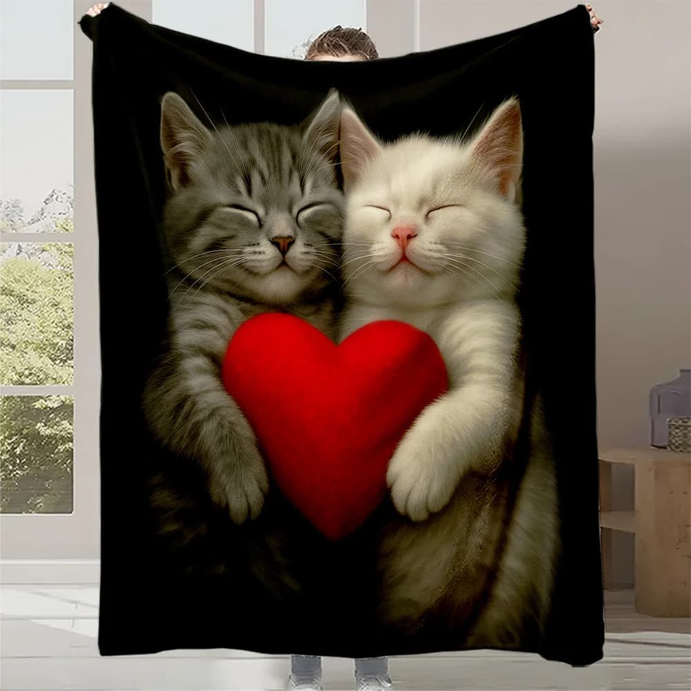 1pc Cozy Grey & White Kitten Plush Fleece Blanket - Grey Tabby & Cat with Heart Print, Soft Quilted-like Bedspread for Couch