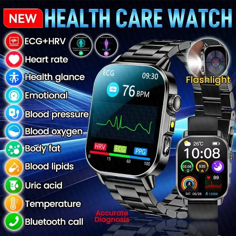 Nuovo Smartwatch per la Salute Maschile con ECG, Acido Urico, Tre Valori Elevati (Pressione Sanguigna, Temperatura), Diagnosi AI per Donne, Compatibile con Telefoni Android, Chiamate BT