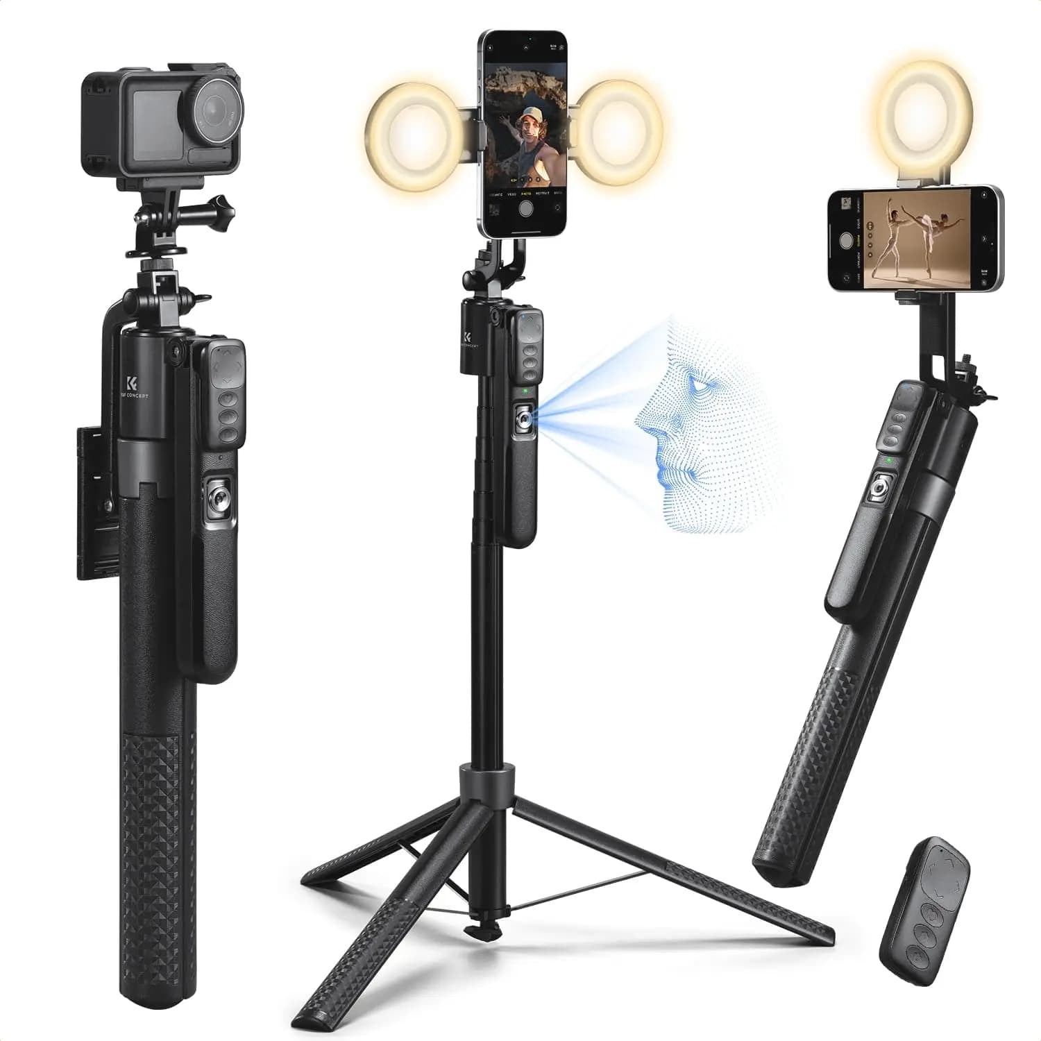 Treppiede con Tracciamento Facciale da 71 Pollici, Bastone Selfie con Tracciamento Automatico del Viso e 2 Luci di Riempimento, Rotazione a 360°