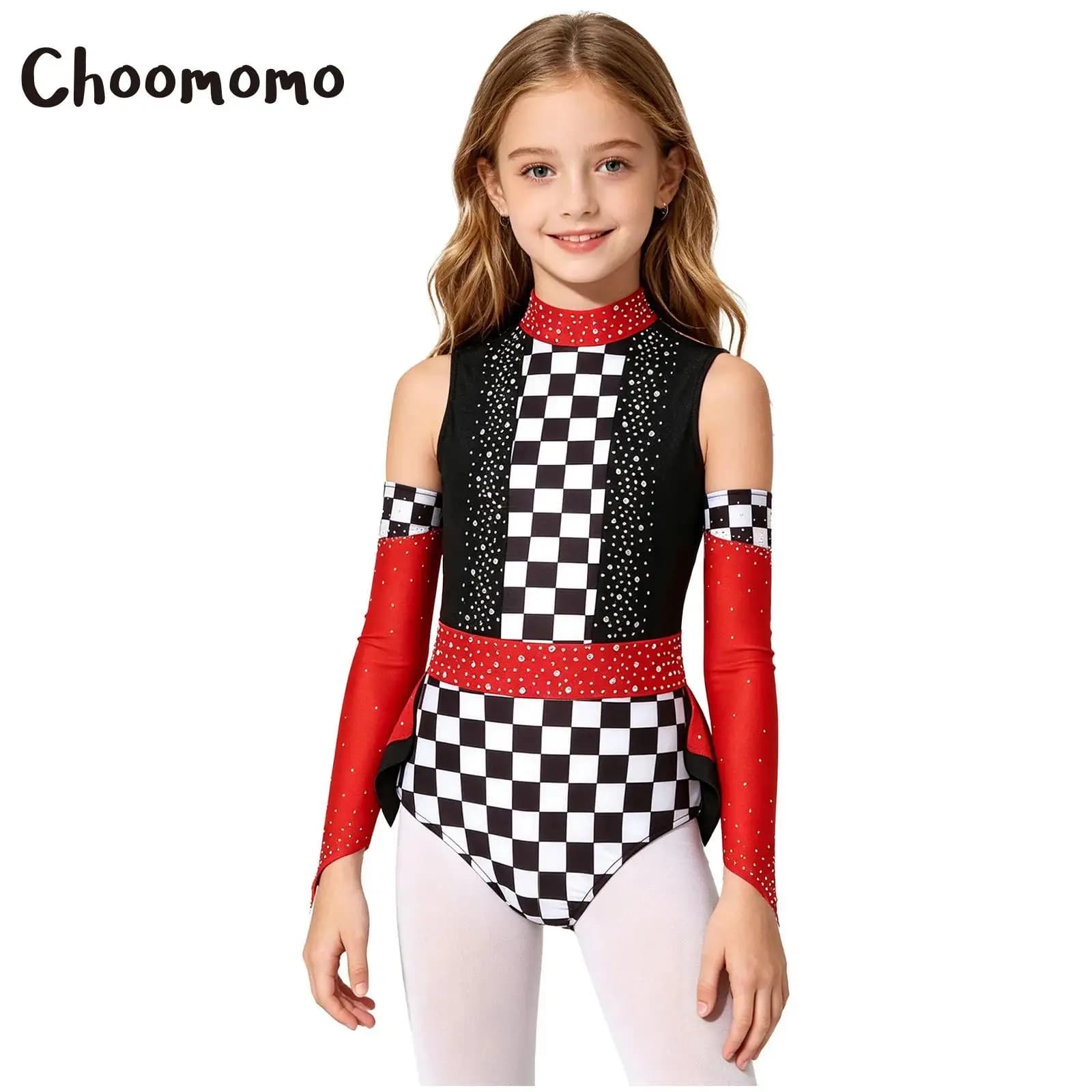 Costume da Pilota per Ragazze, Halloween, Regina delle Corse, Body con Strass per Pattinaggio su Ghiaccio, Leotard con Stampa a Scacchi e Maniche Lunghe