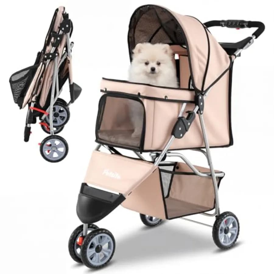 PETSITE Passeggino a 3 ruote per cani e gatti di piccola taglia fino a 15 kg, in poliestere beige con rete traspirante e copertura impermeabile