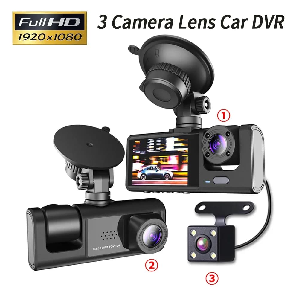 DVR for 2.0-inch car Dash Cam HD Dash Camera Recorder with three-way lens 1080P Black Box Cycle Record Dashcam Camera