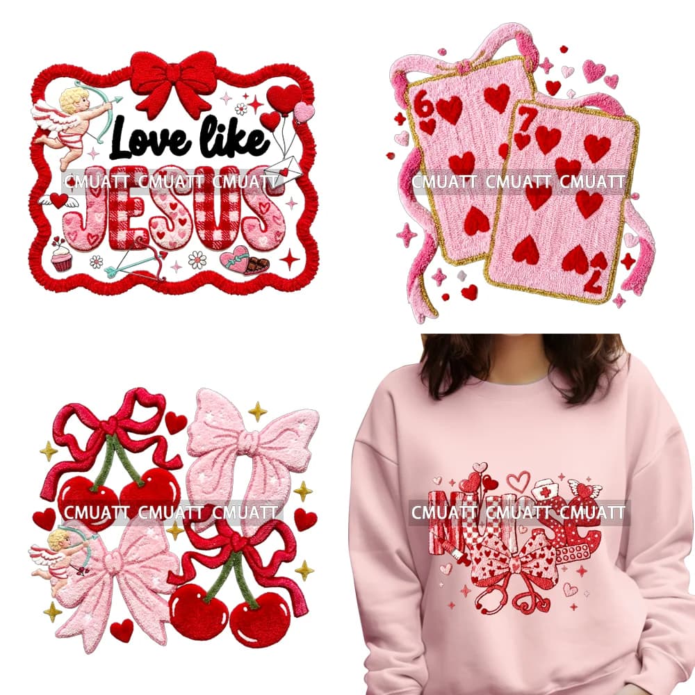 Adesivi Termotrasferibili DTF Pronti da Applicare per T-shirt con Motivi: Filato Sintetico, Coquette, Amore, Gioco di Carte 'Love Like Jesus', Cuore, San Valentino