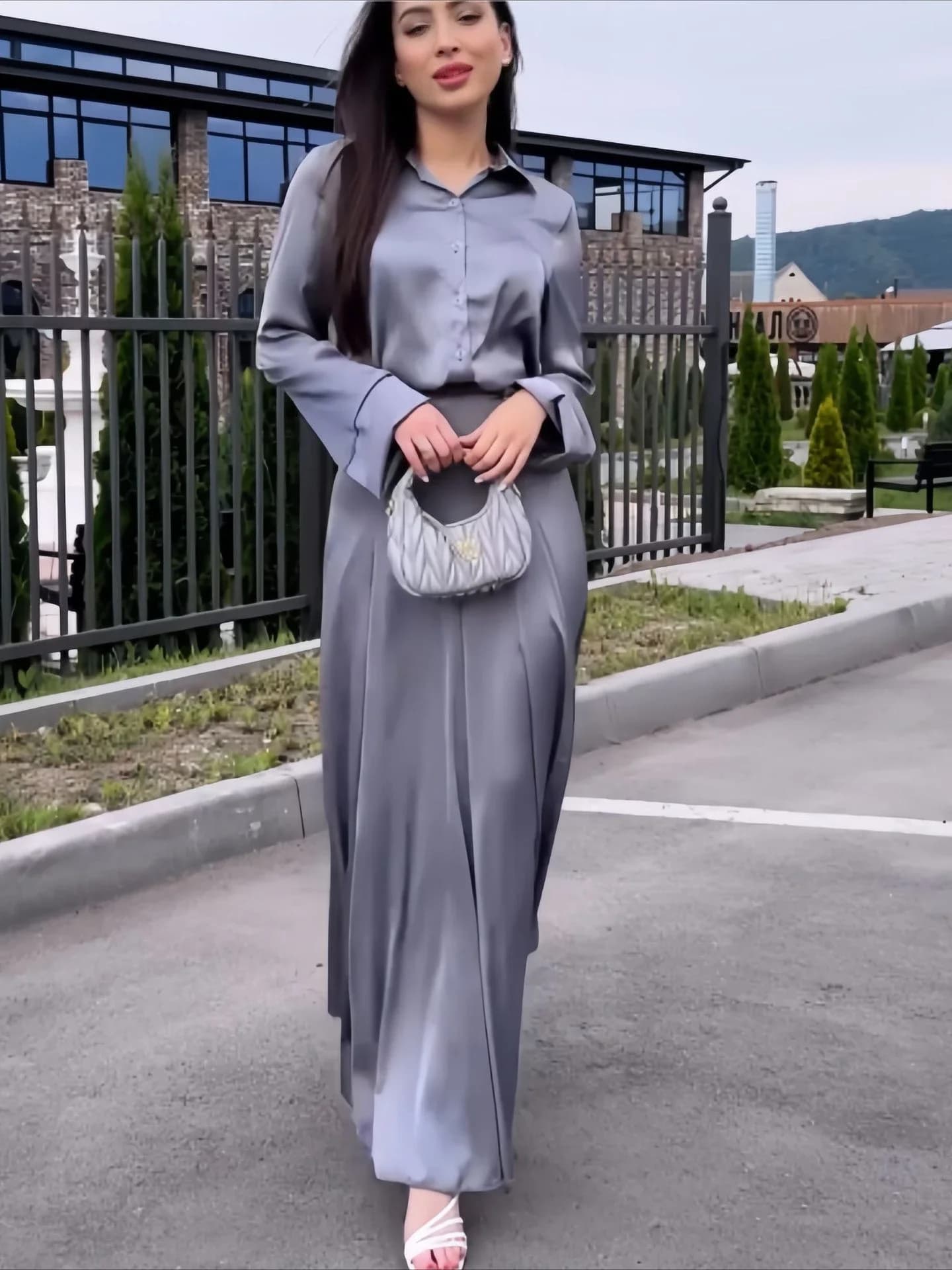 Donne musulmane gonna A due pezzi set camicie A maniche lunghe bottone A vita alta una linea gonne lunghe Slim Fit Solid Splice autunno 2024