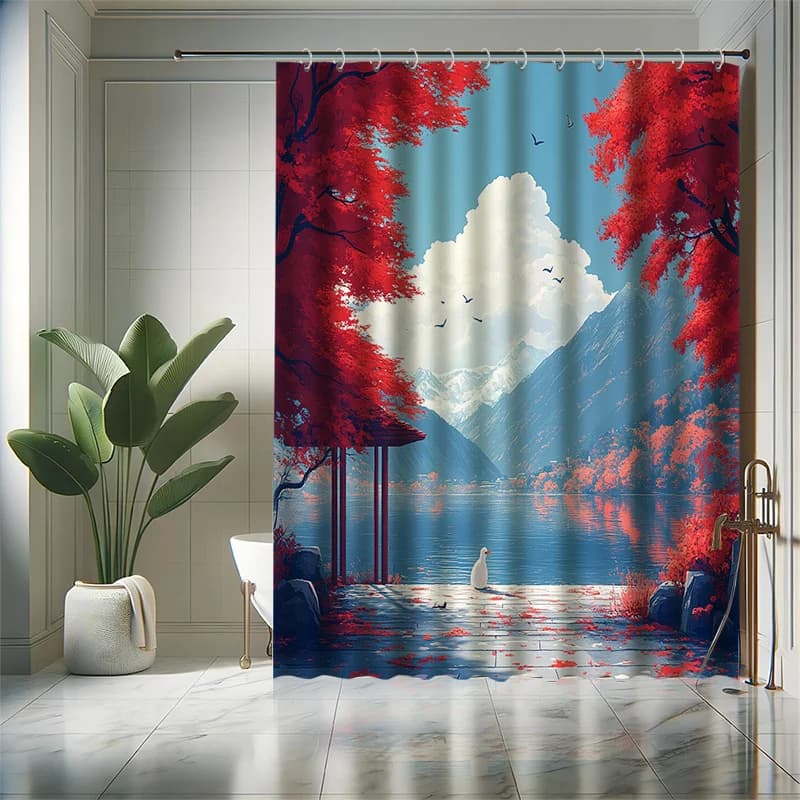 Set tenda da doccia con vista autunnale: foglie d'acero che cadono, montagne e nuvole, tessuto in poliestere, arredamento moderno per il bagno