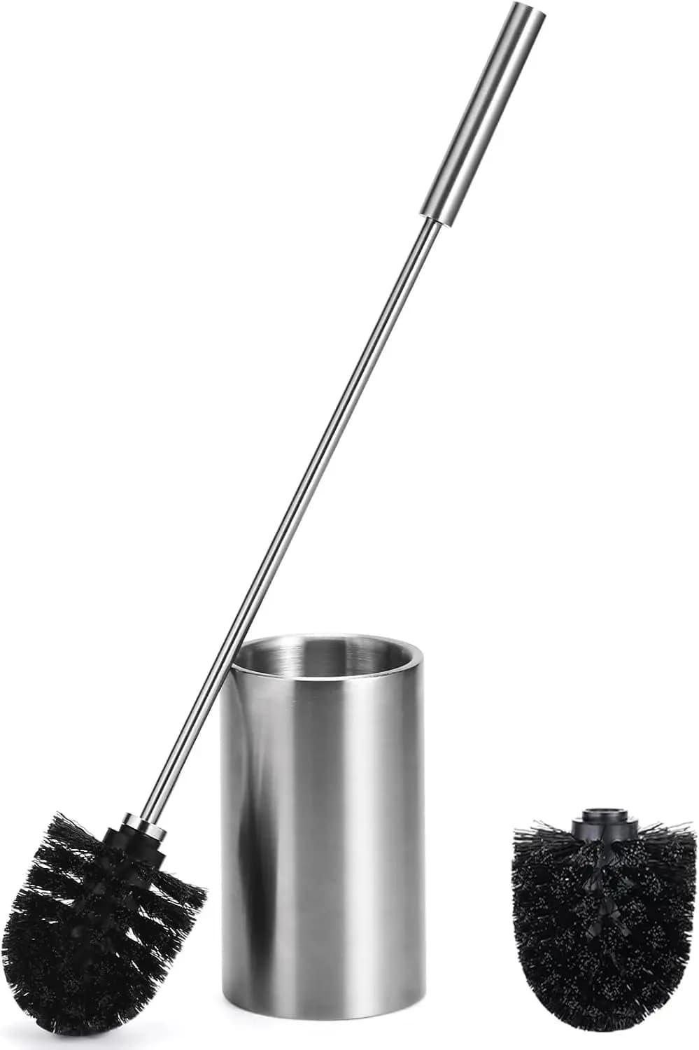 Spazzola per WC con supporto, manico lungo e robusto, base in acciaio inossidabile 304 resistente e 2 testine di ricambio.