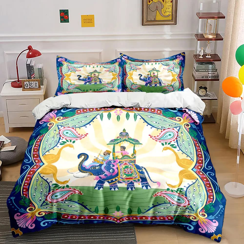 Set copripiumino con motivo elefante ornato con cavaliere, stampa digitale, biancheria da letto colorata in poliestere con chiusura a cerniera, ideale come regalo per bambini
