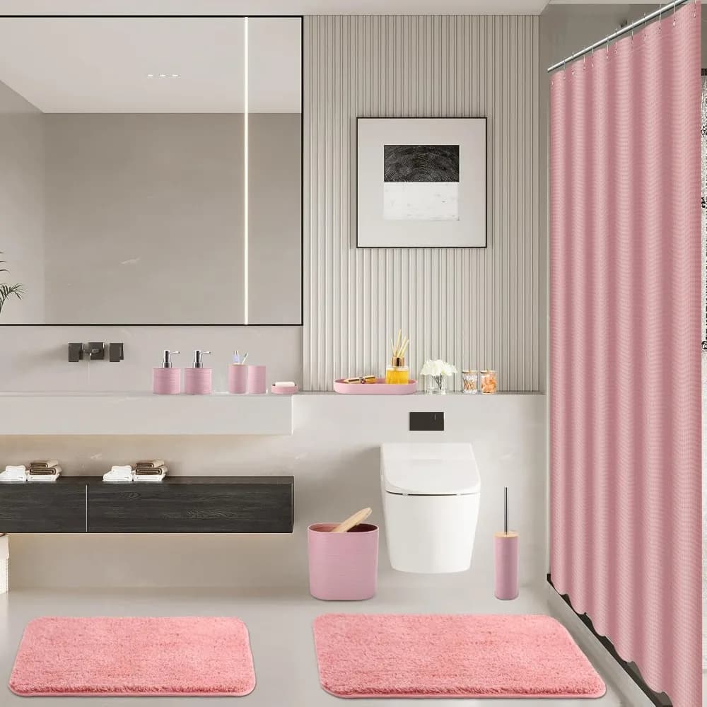 Set di accessori da bagno rosa 25 pezzi con tende da doccia, tappeti, ganci, dispenser di sapone, portaspazzole, pattumiera