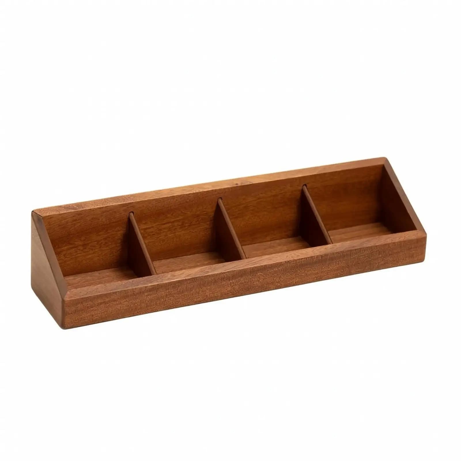 Slanted Wood Desk Organizer Tray with Four Grid Storage Compartments for Pens Keys Trinkets Home Office Reception Decorative
