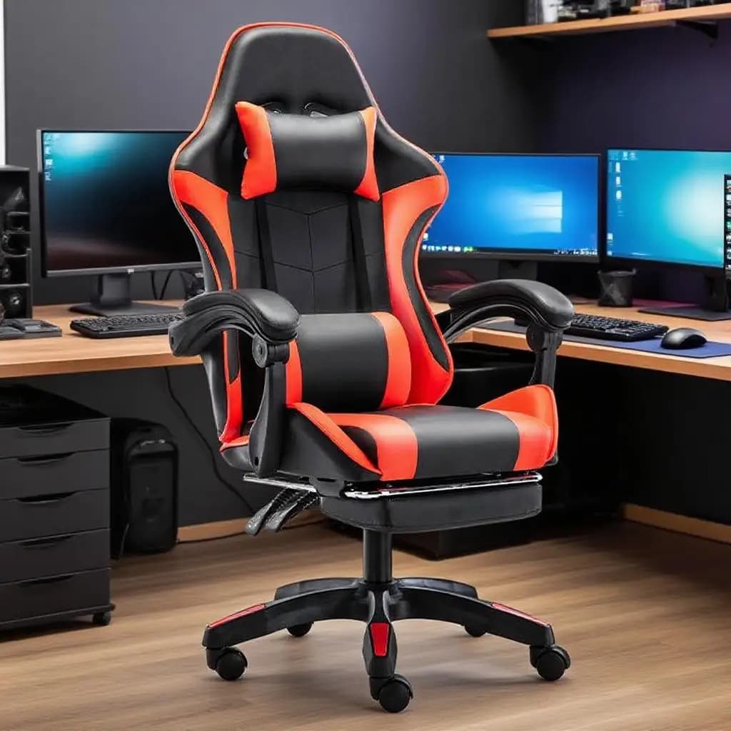 Una sedia da gaming ergonomica per computer, sedia da gaming con supporto lombare morbido e poggiapiedi regolabile in altezza.