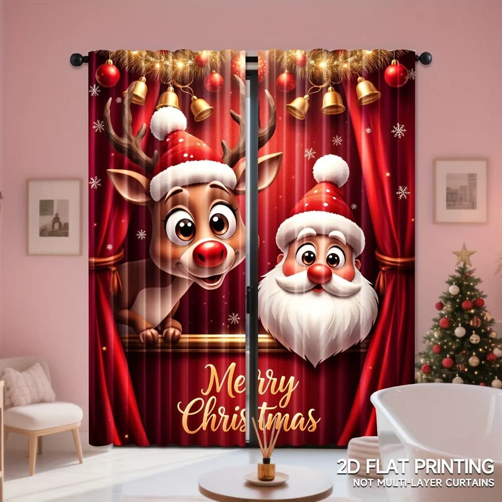 2 pieces, Santa Claus and reindeer curtains - red/burgundy/gold suitable for living room and bedroom - holiday home decoration