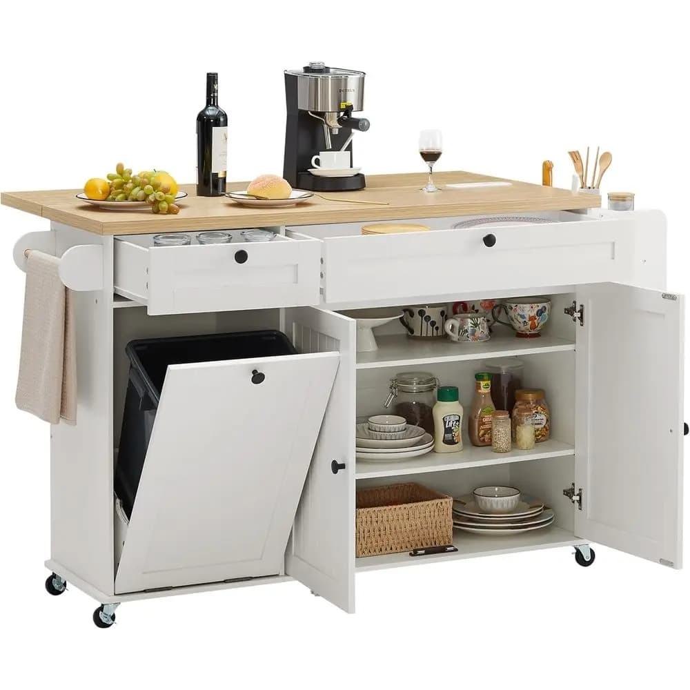 Isola da Cucina da 60 Pollici con Alimentazione Integrata, Ripiano Pieghevole, Porta Spezie, Portasciugamani e Contenitore per Rifiuti