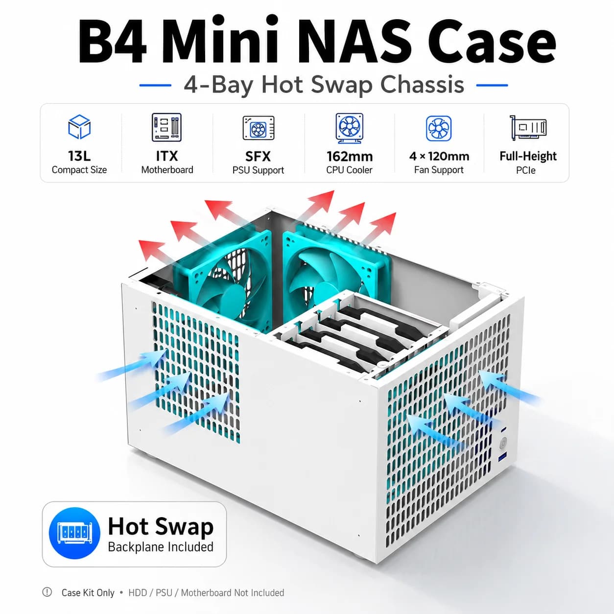 B4 4-Bay Mini NAS Case Hot Swap SATA Backplane ITX Chassis SFX PSU Support 13L Home Storage Server Case