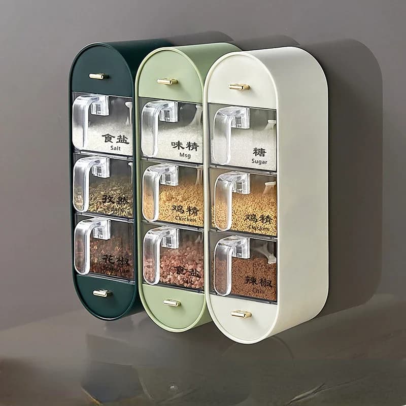 Scatola per condimenti Scaffale da cucina per uso domestico Sale MSG Set combinato di condimenti Barattolo per bottiglie di condimenti Barattolo per spezie gratuito con foro per appendere a parete