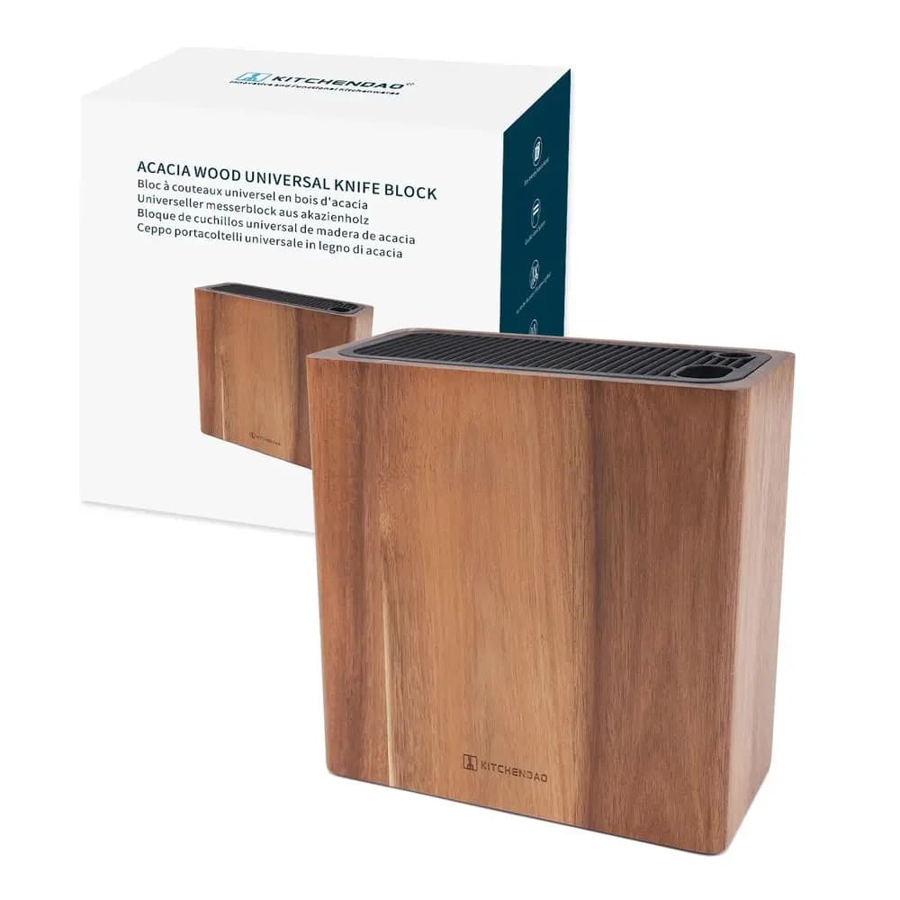 Portacoltelli Universale XL in Legno di Acacia con Fessure per Forbici e Affilatore, Espositore Sicuro e Salvaspazio per Coltelli