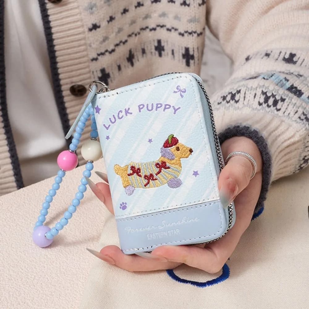 Portafoglio Portatile Ricamato a Forma di Bassotto, Ciondolo per Telefono in Pelle PU, Porta Carte a Forma di Bassotto, con Catena di Perline, Carino