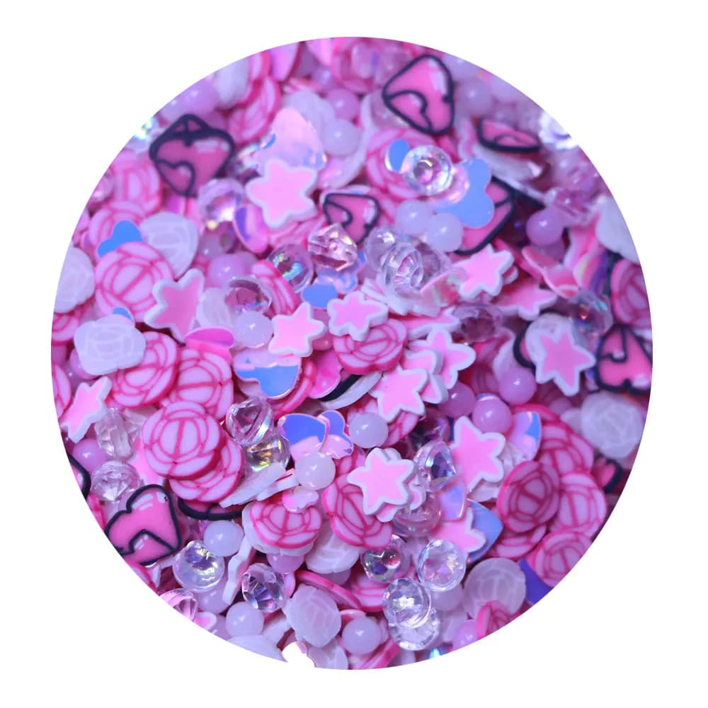 Dreamlike Pink Theme Polymer Clay Slice Rose Flowers Love Hearts Bling Diamonds Soft Hot Clay Sprinkles per la creazione di gioielli Decor