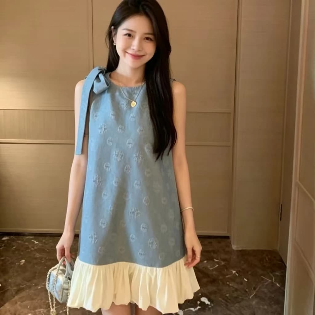 Abito Estivo da Donna con Nodo in Vita, Design Elegante, Colori a Blocchi, Vestito Senza Maniche, Sottile e Comodo, Gonna Corta