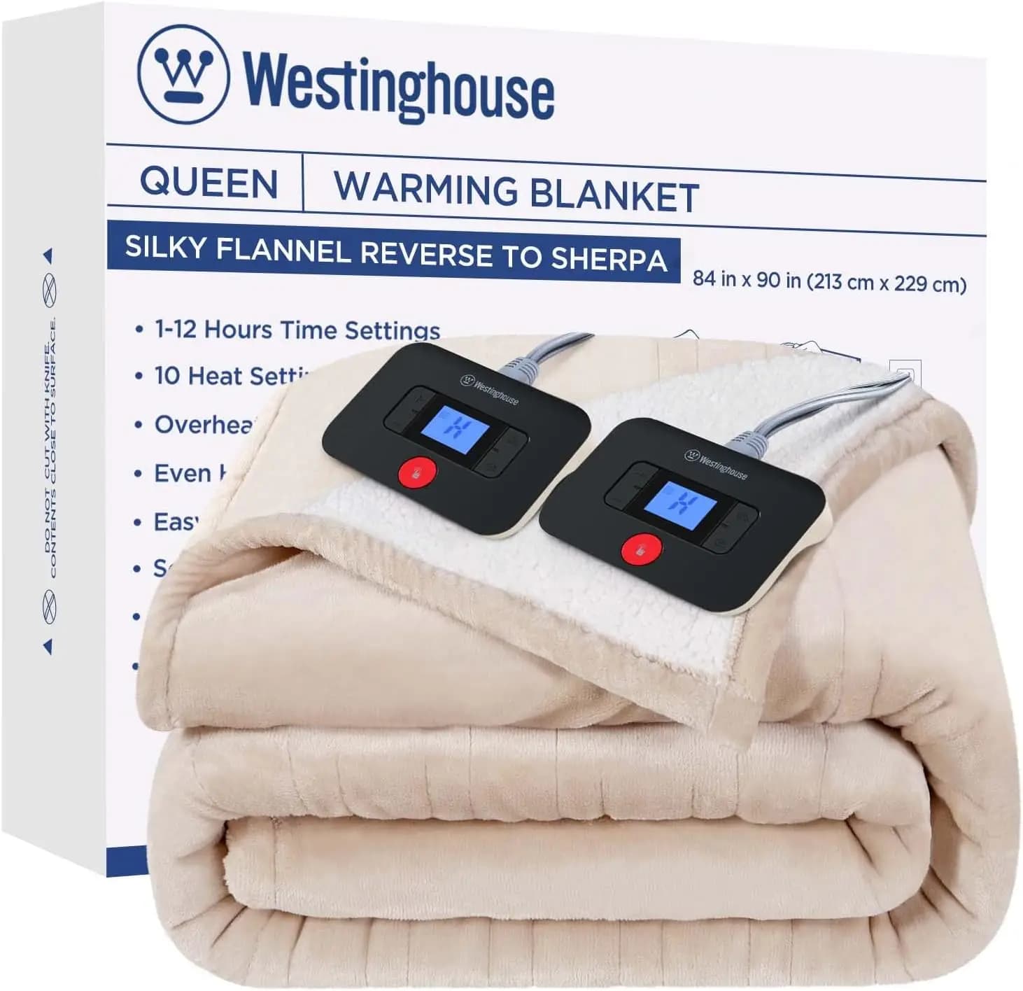 Coperta Elettrica Riscaldata Queen Size con 10 Livelli di Calore e Timer, Reversibile da Flanella a Sherpa, Lavabile in Lavatrice (84x90", Beige)