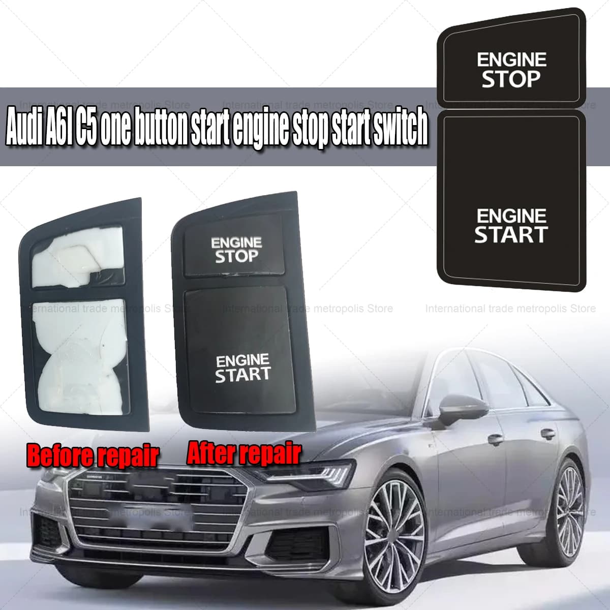 Audi A6L C5 Pulsante di controllo dell'interruttore di arresto del motore Decalcomania di riparazione Nero opaco Pulsante di controllo del avviamento dell'avviamento Accessorio per auto