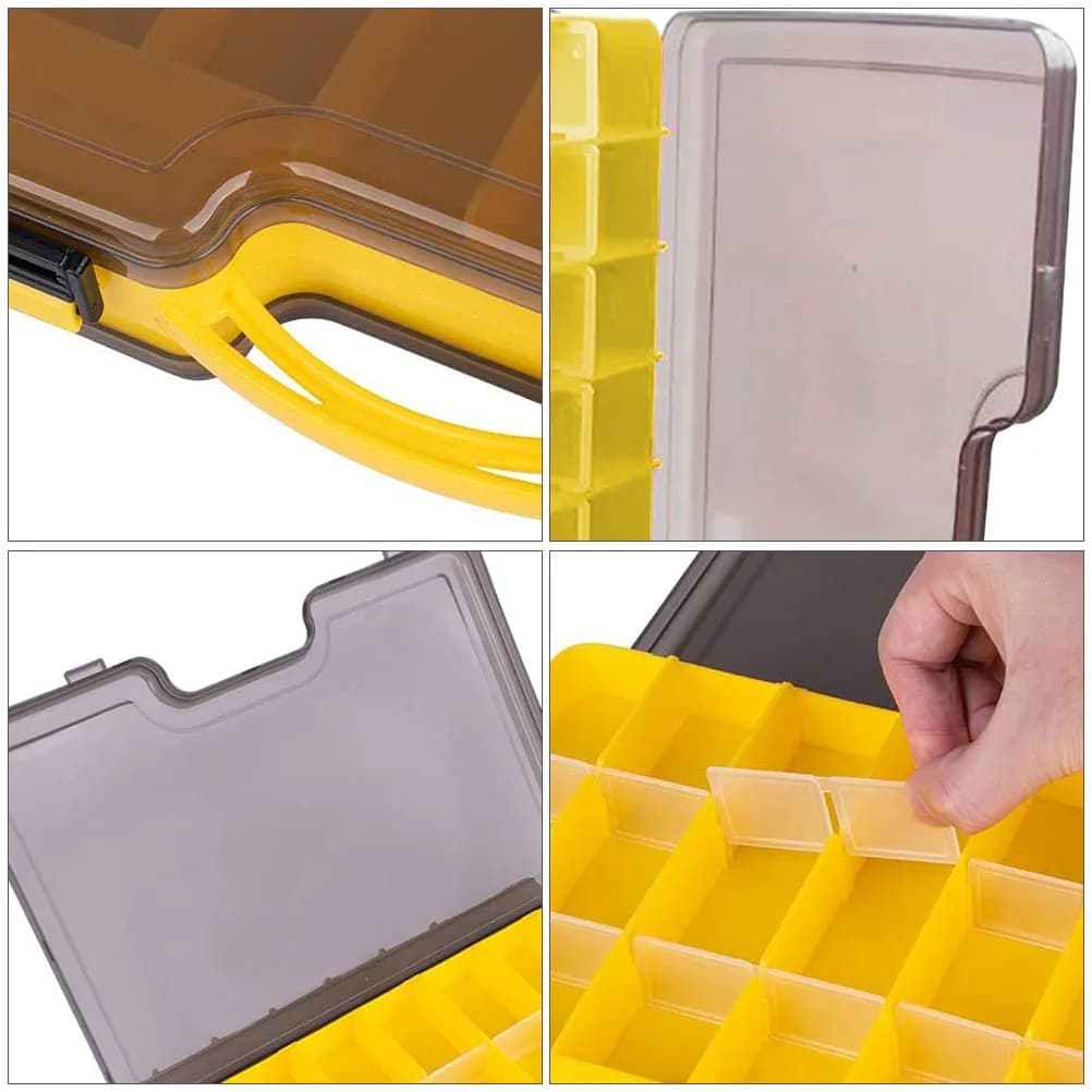 Durable fishing box, organizer, double layer compartments, bait container, hooks, fishing gear