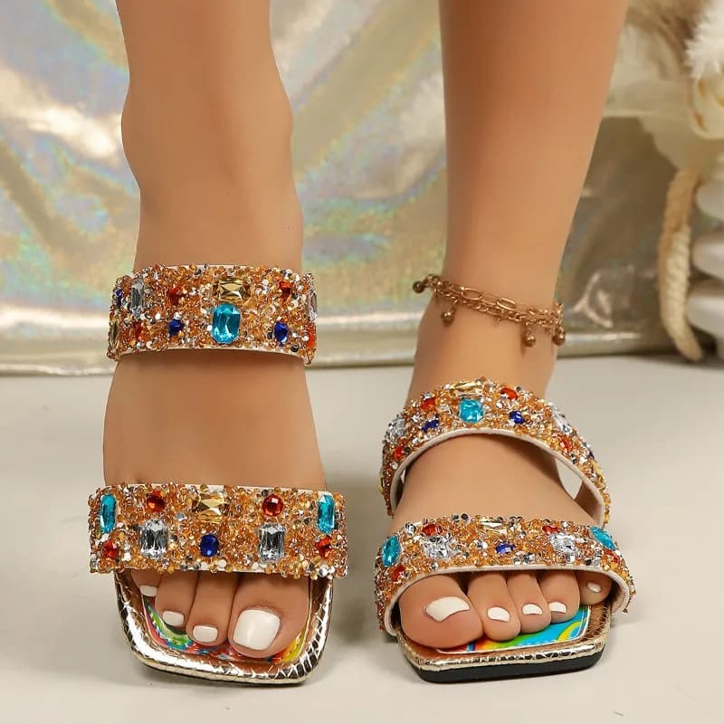 Ciabatte con Tacco Alto di Grandi Dimensioni, Nuove Ciabatte Estive da Donna con Strass Color Caramella, Sandali con Fibbia Piatta in Pelle PU e Suola in Gomma