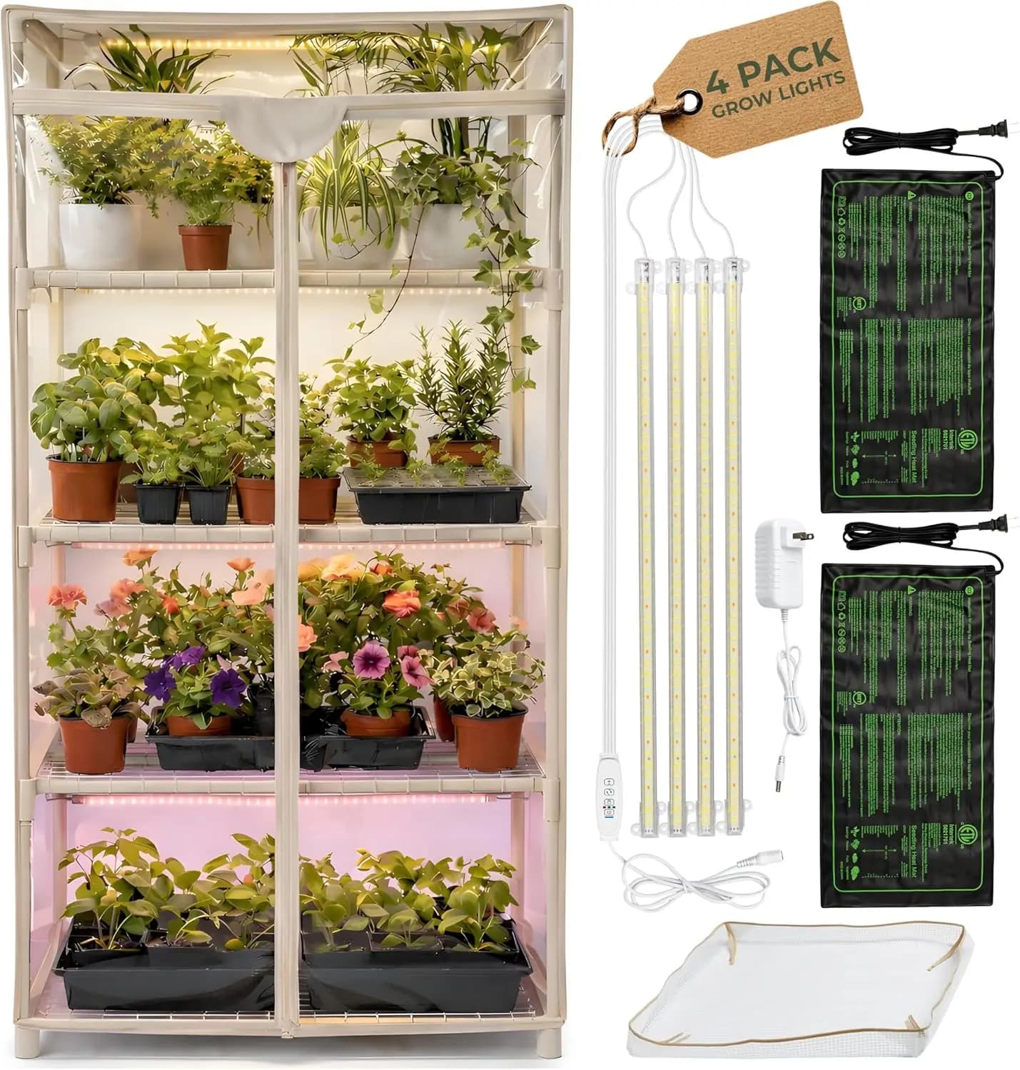 Serra da interno con luci di coltivazione a 4 livelli, 27,2''L x 19,3''L x 54''H con tappetini riscaldanti e strisce LED a spettro completo
