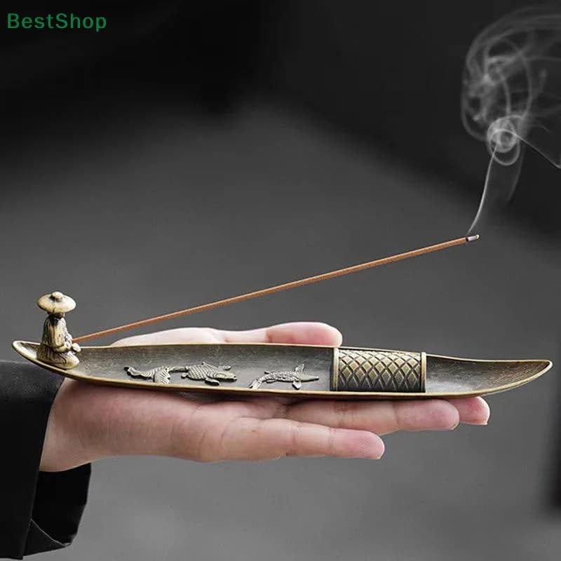 💕 Porta incenso in lega Porta ornamento per aromaterapia Barca Vecchi uomini che pescano Bruciatore di bastoncini di incenso in stile giapponese per uso interno domestico