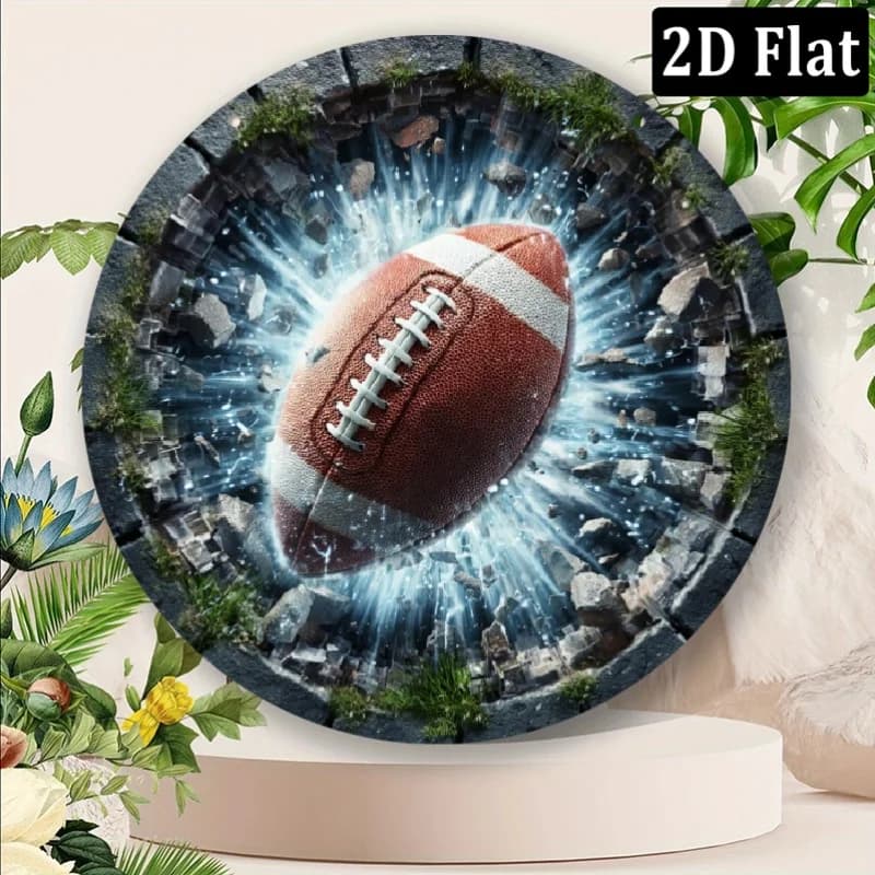 Decorazione da parete a tema football americano, targa rotonda in alluminio 8x8 pollici, placca in metallo con motivo effetto crepe, design piatto 2D per la casa
