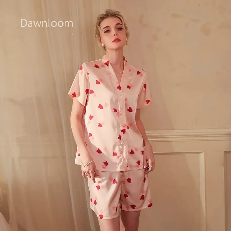 Dawnloom Girl's pyjamas in two-piece short sleeves and satin shorts with light pink heart print Sweet and vibrant for home