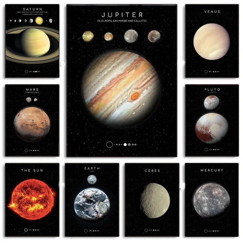(No frame)Mercury Venus Jupiter Saturn Uranus Neptune Planets and Moons Poster and Print Canvas Painting Wall Art Picture for