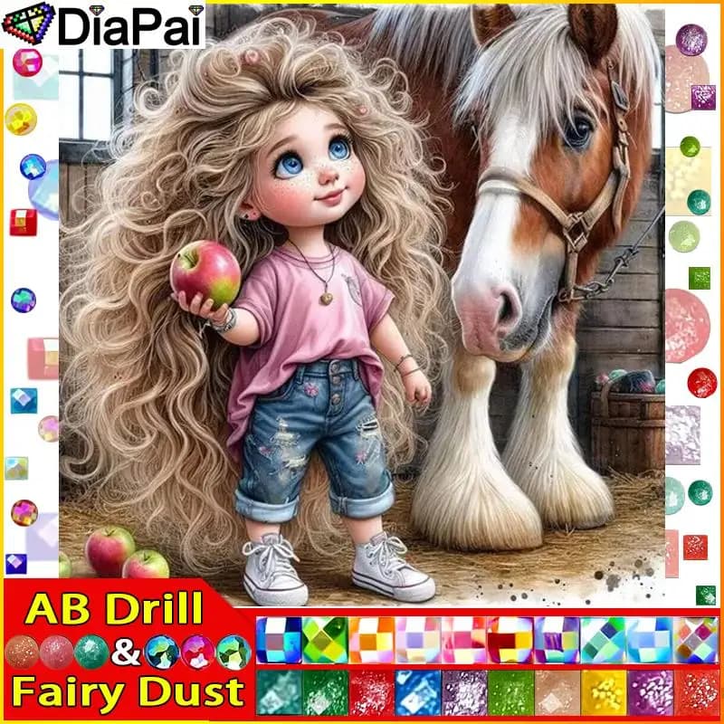 DIAPAI Fairy Dust AB Full Diamond "Girl Horse" DIY 5D Diamond Painting Cross Stitch Home Decor Picture Of Rhinestone Handmade
