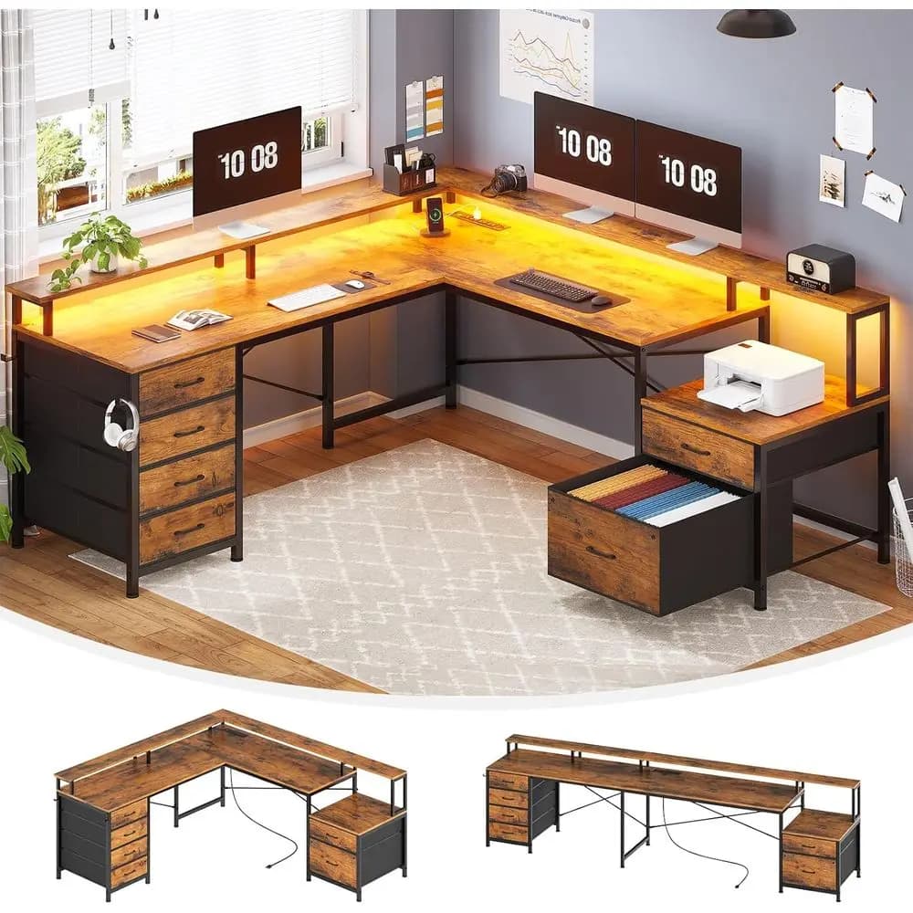 6ft L-Shaped Home Office Desk with Cable Management, Power Outlet, Monitor Shelf, Dual Workspace, LED Gaming Desk in Rustic Brow