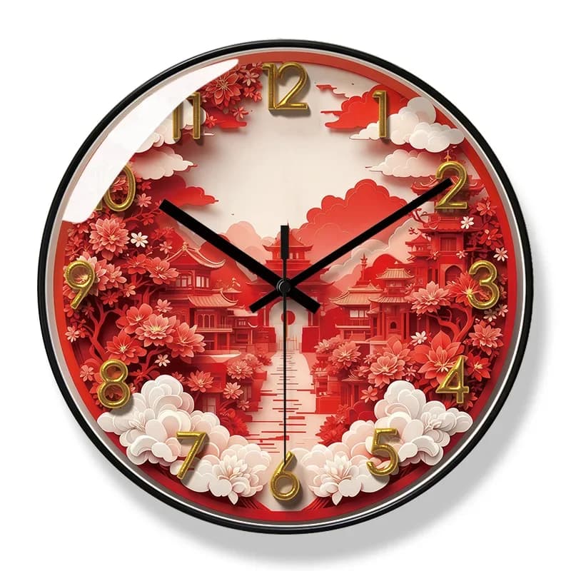 2025 Nuovo 10/12/14 pollici Fuoco Rosso Edificio Antico Orologio Da Parete Moda Retro Creativo Casa Soggiorno Orologio Al Quarzo Muto Orologio