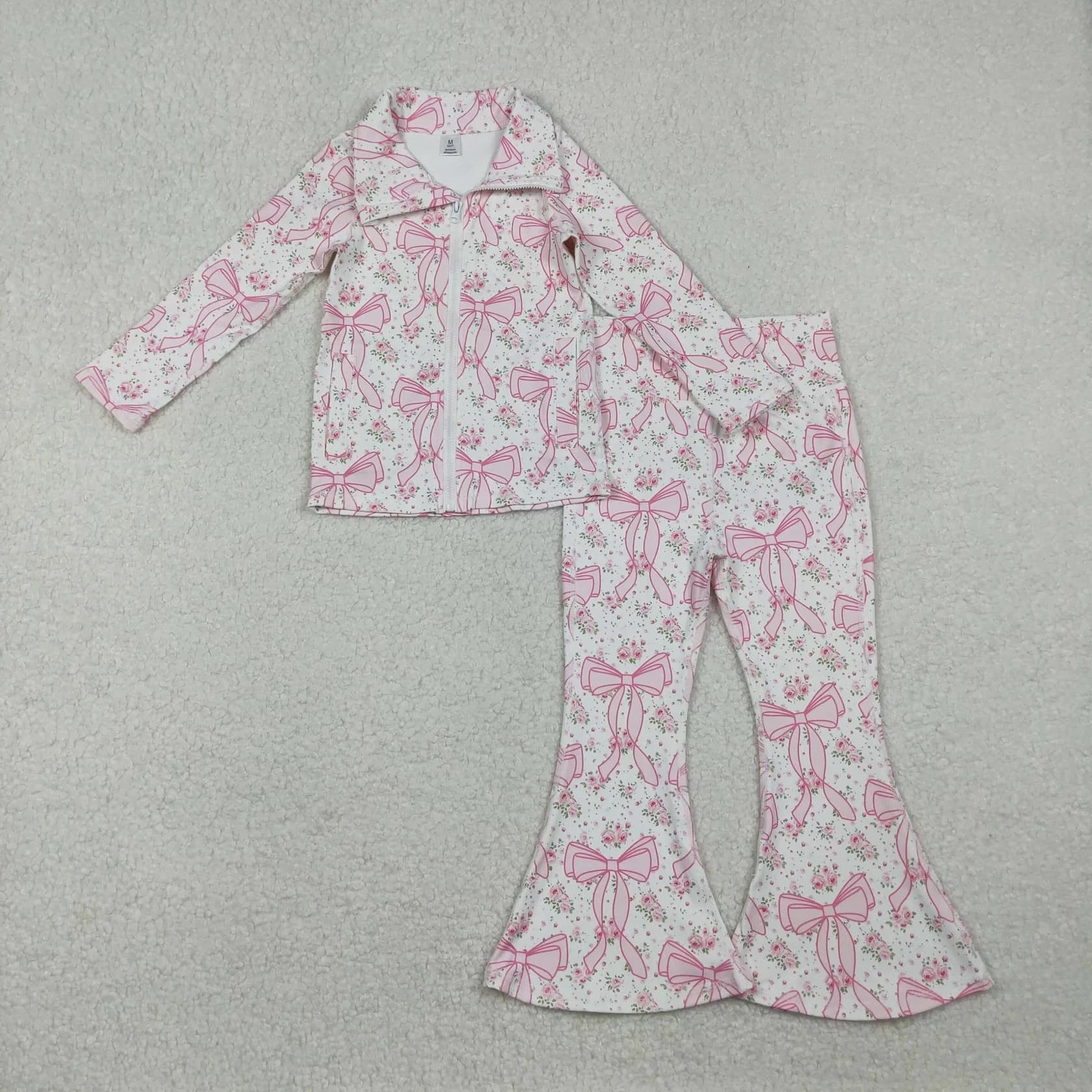 Set di abbigliamento sportivo per bambini all'ingrosso per bambina, maniche lunghe, fiocchi, cardigan floreale, camicia con cerniera, pantaloni a campana per bambini, vestito da yoga