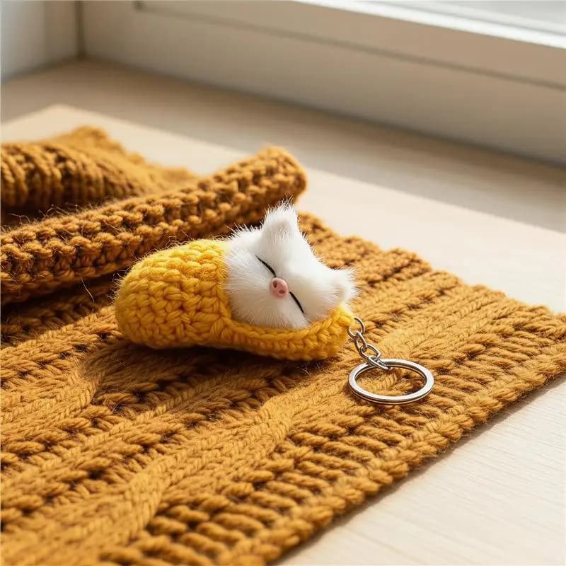 Handmade Fluffy Sleeping Cat Keychain Pink Crochet Cover Soft Plush Pendant for Holiday Gift Purse Bag Decor
