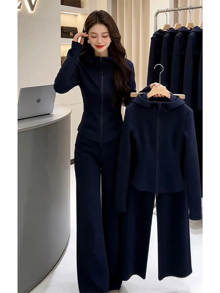 Sporty Casual Women's Outfit Autumn 2026 Slimming Versatile Long Sleeve Open Cardigan Sweatshirt Jacket Straight Leg Wide Leg...