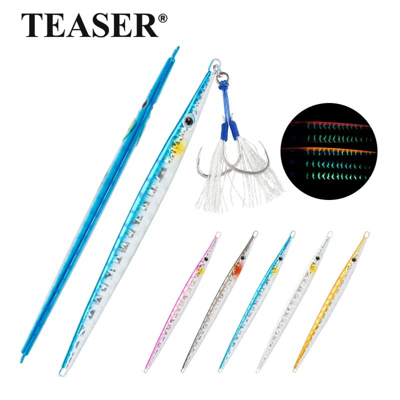 TEASER J109 Esca con piastra in ferro da pesca in mare ad affondamento rapido 80g 100g, coda gialla, sgombro, esca artificiale luminescente a estrazione rapida