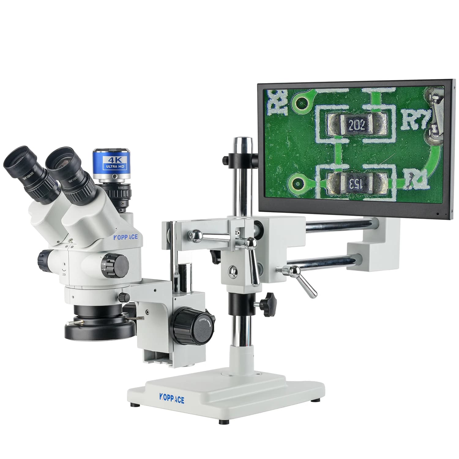 Microscopio Stereo KOPPACE 3.5X-180X con Zoom Continuo, Interfaccia Trinoculare 4K HD, Uscita Sincronizzata e Display da 13,3 Pollici