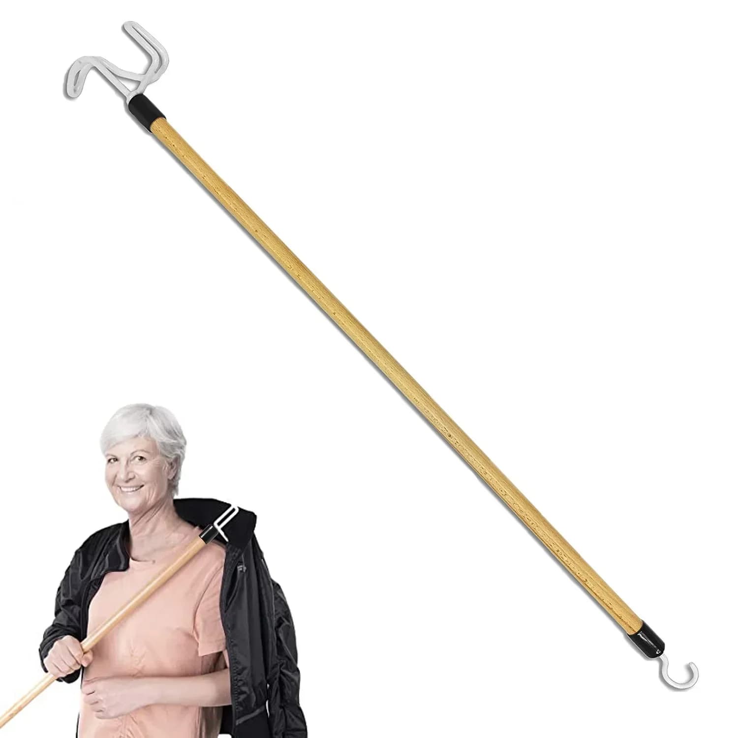 2-in-1 Dressing Stick with Shoe Horn & Sock Aid Detachable Wooden Dressing Stick Mobility Aid for Elderly, Post-Surgery Recovery